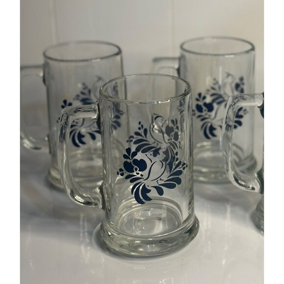 VTG Anchor Hocking Flowers & Blue Bird Glass Beer/Soda 5.5" Heavy Mugs Set of 3 - Picture 1 of 6